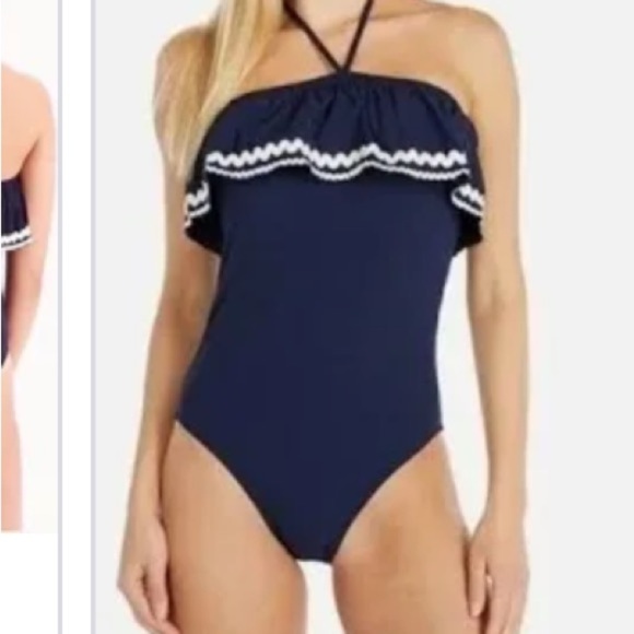 J.Crew Navy Blue Ruffle Bandeau  Textured One Piece Swim Suit - Picture 2 of 7